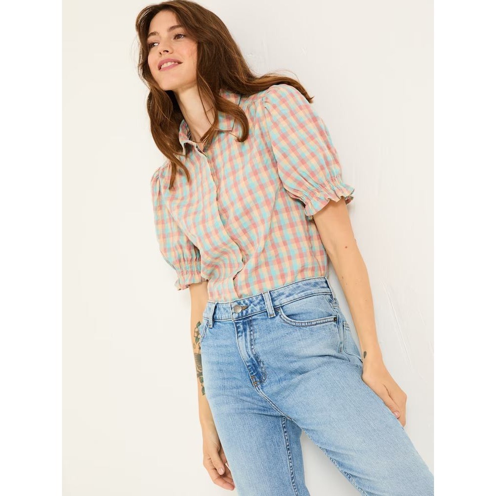 FatFace Multi Kat Gingham Cotton Shirt Short Puff Sleeve Ruffle Multi US 6